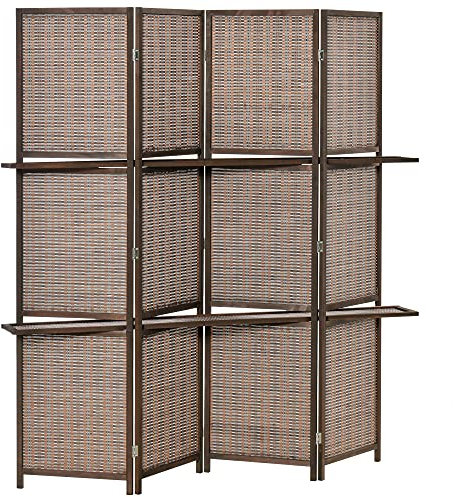 HOMCOM Biombo de 4 Piezas de Bambú Biombo Separador de Ambientes Plegable con 2 Estantes Extraíbles Divisor de Habitaciones Dormitorio 180x180 cm Marrón