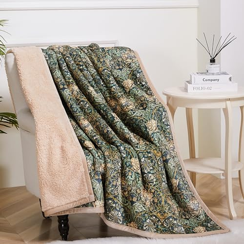 Obal William Morris Sherpa fleecefilt säng överkast filt fluffig mysfilt stora överkast för soffor dekorativa mikrofiberfiltar (honeysuckle, tvilling/dubbel 150 x 200)