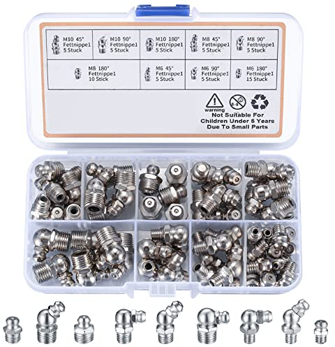 MMDBD 60 Pezzi Set di Ingrassatori, Grasso Raccordo Assortimento, Ingrassatori Testine M6 M8 M10 in Dritto e Angolato 45° 90° per Raccordo per Ingrassatori in Metallo