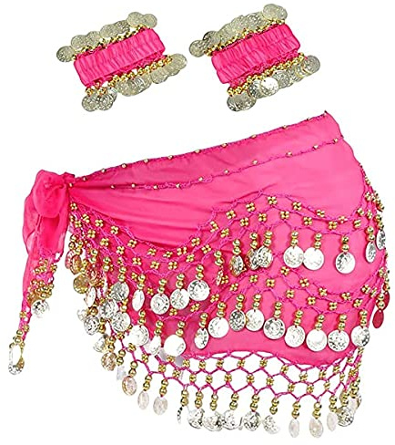 SamHeng Belly Dance Hip Scarf with Bracelet, 128 Coins, Women's Dance Skirt Belt Waist Chain, Zumba or Yoga Class, Hot Pink, One Size
