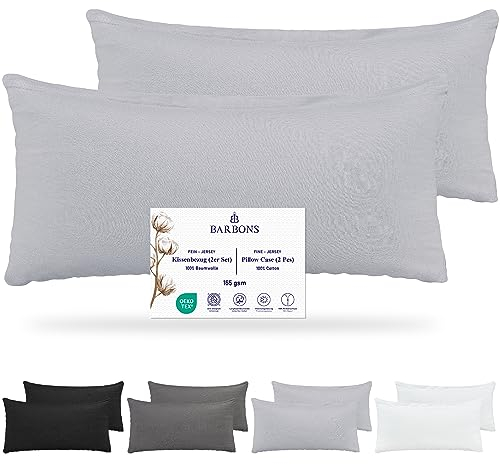 Barbons Kissenbezug 40 x 80 2er Set – 165 g/m² Oeko-TEX Zertifiziert Kopfkissenbezug 100% Jersey Baumwolle weiche Kissenbezüge Kissenhülle mit Reißverschluss (40x80-Grau)
