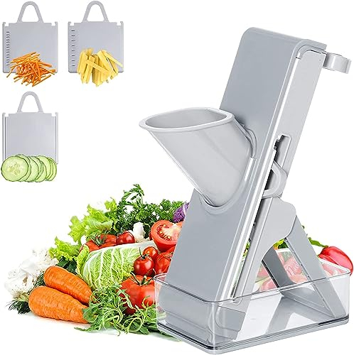 Poligono Mandolina per Verdure Affettatrice Professionale, Mandolina Regolabile Affettaverdure Tagliaverdure Verticale per Cibo, Frutta e Verdura,Grigio