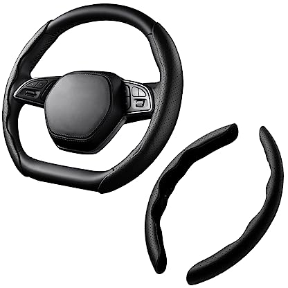 CGEAMDY Coprivolante per Auto, Coprivolante Segmentato con Motivo in Fibra di Carbonio da 38 cm Universale, Coprivolante Pelle Traspirante e Antiscivolo Ultraleggero per Auto, SUV, Camion(Nero)