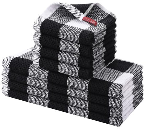 Homaxy Kitchen Towels and Dishcloths Set, 12 x 12 and 13 x 28 Inches, Set of 8 100% Cotton Waffle Weave Check Plaid Kitchen Dish Towels, Super Soft and Absorbent Dish Cloths, White & Black