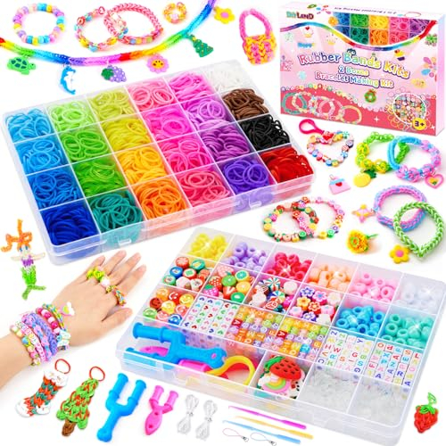DIYLAND Loom Bänder Set, 2 Boxen Basteln Mädchen 6 7 8 9 10 jahre, Bunte Gummibänder Kit Armbänder Selber Machen,19 Typen Perlen Haken Charms mit Geschenkbox für Anfänger Junge Mädchen Geschenk