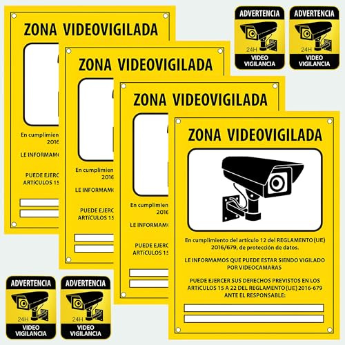 ITALMI® Pack 4 Cartel Videovigilancia Homologado de PVC 15x20 cm y 4 Pegatinas Zona Videovigilada para Cristales 8x10 cm, Cartel Zona Videovigilada Exterior e Interior para Puertas y Ventanas