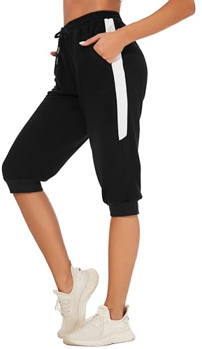 Litherday Pantaloni Sportivi Donna 3/4 Estivi Cotone con Tasche Laterali e Vita Comoda per Fitness Jogging e Tempo Libero Nero L