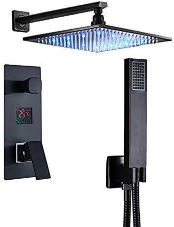 SaryEdge Set Doccia con valvola per Doccia con Display della Temperatura, soffione Doccia a Pioggia a LED con doccetta, Set di rubinetti per Doccia da Bagno a Parete Nero,16 Pollici