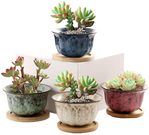 XUDREZ Ceramic Succulent Plant Pot Set Of 4 With Tray, Small Indoor Pots | Mini Colourful Cactus Succulent Pots, Ideal For Home Decorations