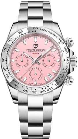 Pagani Design Orologio da uomo in vetro zaffiro, cronografo in acciaio inox, impermeabile, luminoso, movimento giapponese, orologio al quarzo da uomo… (rosa)