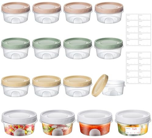 Mispudin 16Pcs Small Plastic Containers with Lids, 10oz/300ml Small Round Food Containers with Lids, Stackable Screw Top Snack Pots, Reusable Deli Container Food Storage Jars, Microwave/Freezer Safe
