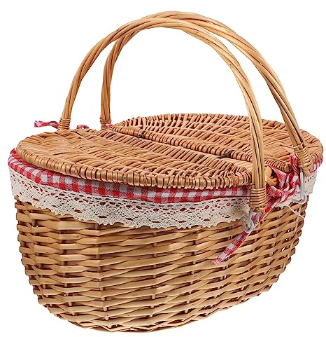 INOOMP Cestino da Picnic Vimini con Maniglie e Coperchio Cesto Intrecciato per Stoccaggio Rustico per Picnic e Feste all Aperto