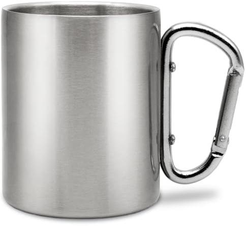 Edelstahlbecher mit Karabinerhaken | Camping Geschirr | Thermotasse | Isolierbecher | Die Tasse | Kaffee | Becher zum umhängen