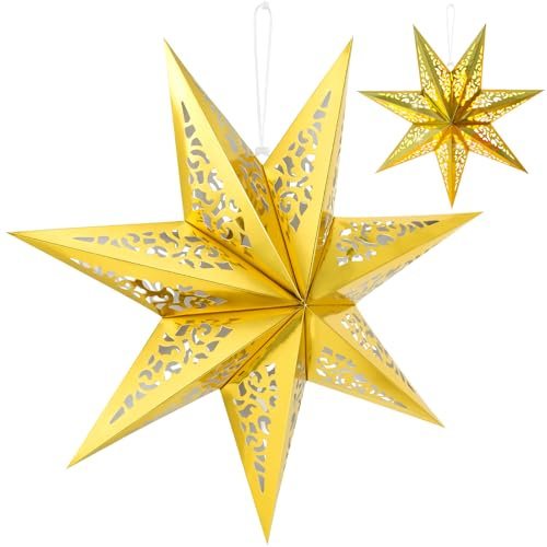 Kiiwah Paper Star Lantern, Hollow Out Hanging Paper Stars Decorations Christmas Pentagram Lampshade Foldable for Wedding Party 45 cm (Gold)