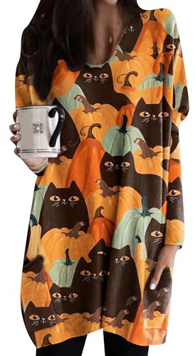 EFOFEI Dame Batwing Manche Longue Pull Automne Lâche Enveloppement T-Shirt Costume avec Côté Poche Citrouille Chat XXL