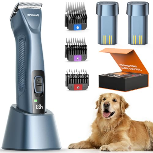 oneisall Professional Dog Clippers for Grooming with Dual Battery, Unlimited Runtime, Professional Dog Grooming Clippers 2 Speed for Thick Long Curly Matted Hair,A5 Blade, Metal Guide Combs