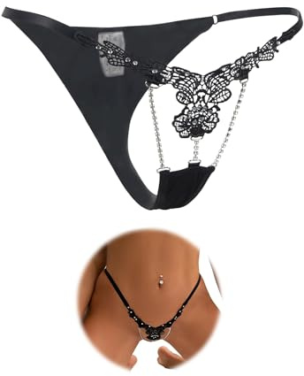 ohmydear Floral G String Thongs for Women Sexy Low Rise Tanga Knickers Lace Rhinestones G-String Mesh Underwear Lingerie Adjustable Black Bikini Panties Uk 12