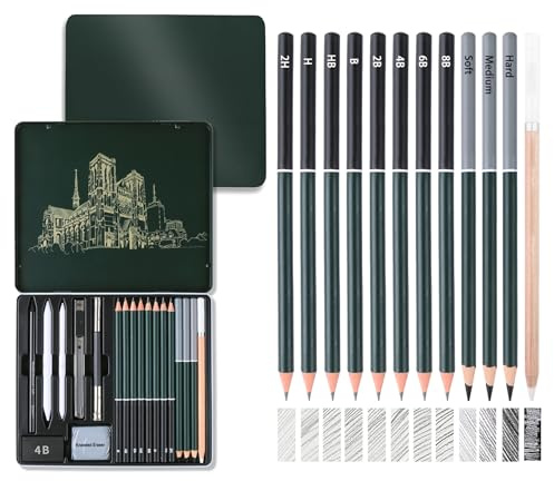 Kzouenzu Lápices Dibujo Profesional [19 Pcs], Kit Dibujo Lapices, Diferentes Grados De Dureza, 2b, 4b, 6b, Pincel De Carbón, Escritura Fluida Para Juventud Kit Dibujo Profesional