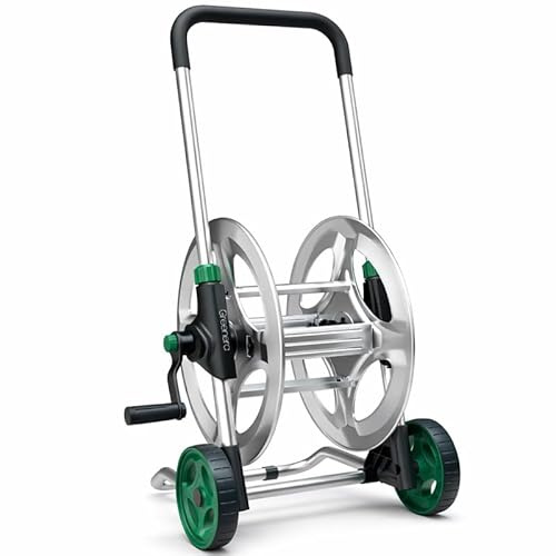 Premium Metal Hose Reel Cart for 1/2 Hoses, Maximum Winding Capacity of 60m, Portable Garden Hose Pipe Trolley with Crank for Easy Winding, Angled Hose Connecter, for Garden Hoses