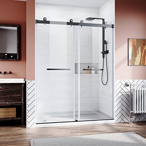 Frameless Sliding Shower Glass Door 56 60 in.W x 76 in. H,3,8(10mm) Thick Clear Tempered Glass,Heavy Duty Stainless Steel Hardwares,Matte Black,Shower Enclosure