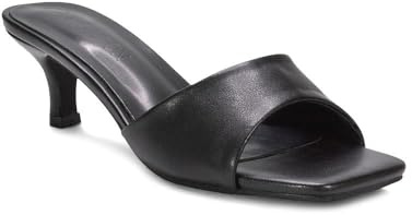 ESSEX GLAM Women's Kitten Heel Sandals Ladies Black Synthetic Leather Slip On Heeled Mule Square Toe Shoes Size 6