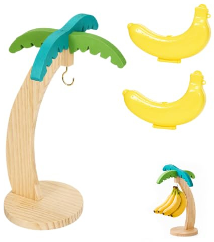 3Pcs Banana Holder Case Set, Wooden Banana Tree Stand with Metal Hook | Wooden Metal, Reusable Bananas Protector Container Fruit Stand for Kitchen Counter Travel