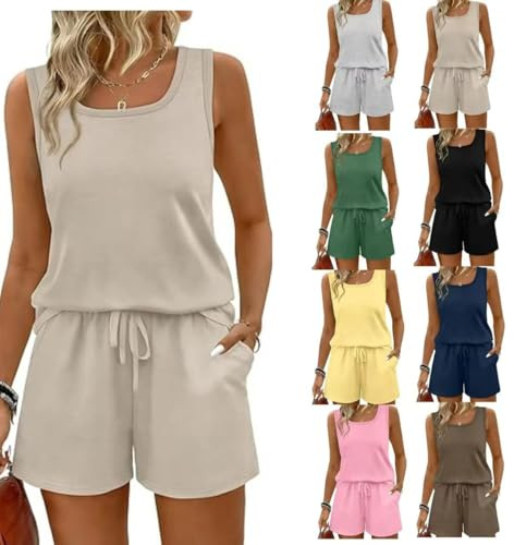 Co Ord - Conjunto completo de chándal de verano para mujer, chaleco de cuello cuadrado y pantalones cortos de pierna ancha, casual, sólido, 2 piezas, trajes de viaje, trajes de ocio, ropa deportiva
