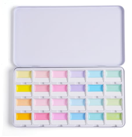Set med 24 pastellfärger i macaron-stil, premium opakartade akvareller för illustration, dagbok och kreativa projekt, akvarellset med blandningspaletter för konstnärer och amatörer