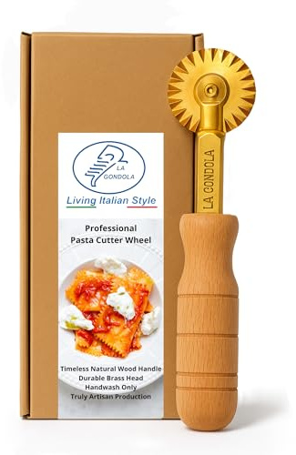 La Gondola Homemade Pasta Cutter - Festooned Wheel | Italian Pasta Making Tool for Home and Business | Brass & Natural Wood | Safe & Easy to Use Pasta Cutting Tool | Ravioli Cutter Made in Italy