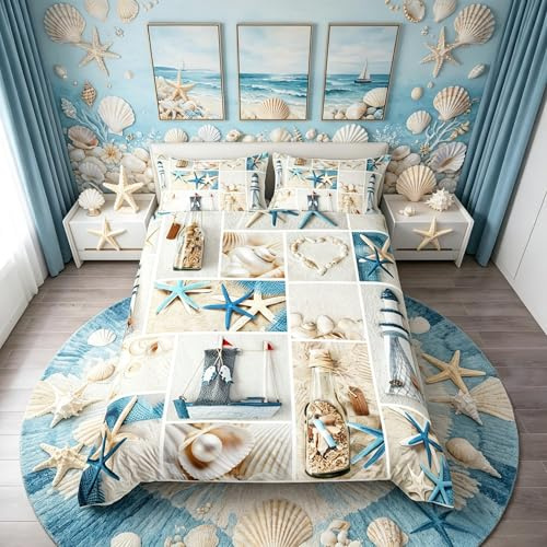 Loussiesd Beach Duvet Cover Set King Size Ocean Themed Bedding Set Starfish Seashell Print Comforter Cover Soft Microfiber Quilt Cover with 2 Pillow Shams, Summer Sea Navigation Style 3 Pieces, Zipper