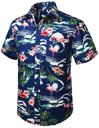 HISDERN Men Funky Hawaiian Flamingo Shirts Short Sleeve Front Pocket Holiday Summer Aloha Printed Beach Casual Navy Blue Hawaii Shirt L