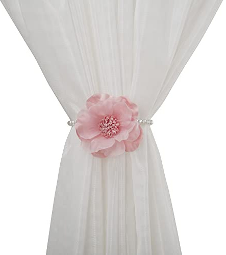 SUQ I OME 2 Pack of Curtain Tiebacks, Elegant Pearl Magnetic Curtain Tieback with Handmade Flower Decorative Drapery Holdbacks Rope Holder for Home, Office,Pink