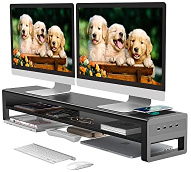 STARSIKI (2-stufiger) Monitorständer mit Dual-Monitor-Unterstützung, kabellosem Laden und 4 USB Anschlüssen, aus Metall für Datenübertragung und Aufladen. Ideal für Computer-Monitore.