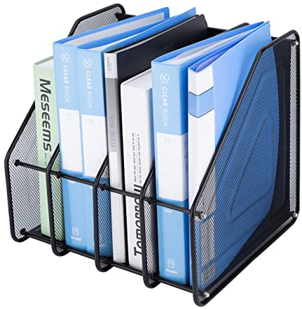 Cliselda Metal Magazine File Holder with 4 Vertical Compartments, Black Mesh Desk Tidy Organiser, Magazine Holder Folder Rack for Document Book Ring Binder Paper