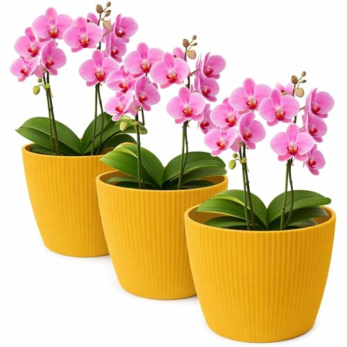 TULMERO Blomkruka matt, planteringskruka av ytterkruka plast dekorativ kruka för, stora växter 3 x blomkruka set, blomkruka örtkruka, (3-pack) senap, ø 19 cm
