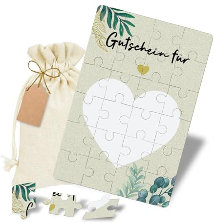 KCatsy Gutschein Puzzle Geburtstagskarte - Gutscheine zum selber ausfüllen Gutschein Geburtstag - Gutschein Verpackung Personalisierte Geschenke Idee mit Baumwollsäckchen Stift Geschenkanhänger