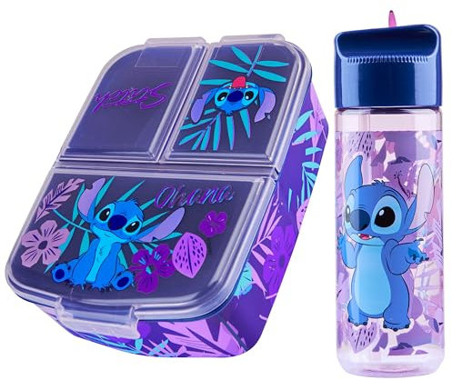 Disney Stitch Kinder Lunchbox mit Fächern und Wasserflasche für Schule und Ausflüge (Blau/Lila)