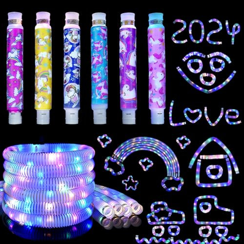 6pcs Pop Tube LED Couleur,Bracelets à bâtons lumineux pour enfants,Jouets Sensoriels de Tuyau Extensible Multicolore Pop Tubes Lumineux Fidget pour les fêtes sombres,Carnaval,Noël et Deco Halloween