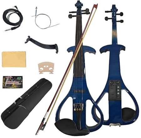 YoungMonic Violín eléctrico de 4 cuerdas, tamaño completo 4/4, violín eléctrico silencioso negro, madera maciza azul, violín eléctrico de colores mezclados con accesorios de ébano, kit de