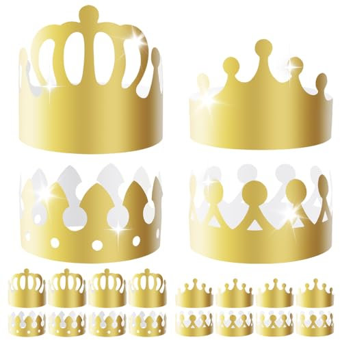 Rairsky 20 Pezzi Corona di Carta Dorata, Cappello Regolabile di Carta D'oro, Adulti Cappellini Festa Compleanno Bambini, 4 Stili Corona Compleanno, Adatto per Cappelli per Feste a, Fai da te