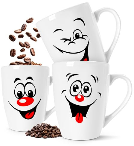 KONZEPT Kaffeetassen Set 3er, Kaffeebecher 300ml aus keramik, witzige Tassen mit Henkel ideal für Kaffee, Tee, Milch, Schokolade