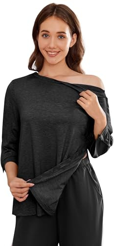 Deyeek Post Shoulder Surgery Shirts for Women Tear Away 3/4 Tops After Rotator Cuff Shirts Chemo Port Adaptive Clothing, Black, L