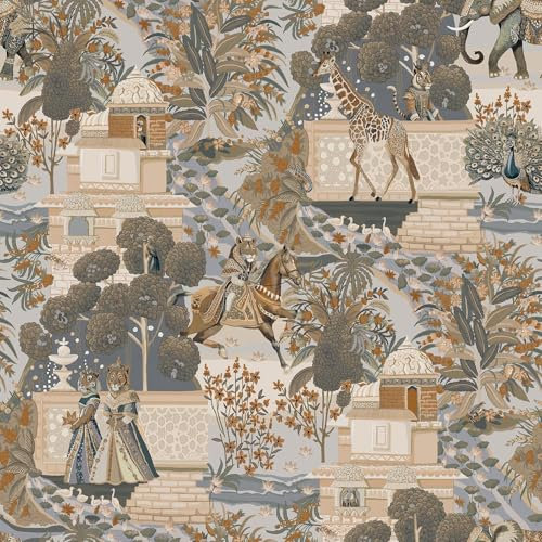 Holden Eastern Horizons Animal Palace Multi Wallpaper for Bedroom, Living Room, Dining Room Decor, Animal Themed Lion, Elephant, Giraffe, 10m Wall Paper Roll for Interior Design Blue/Orange 13761