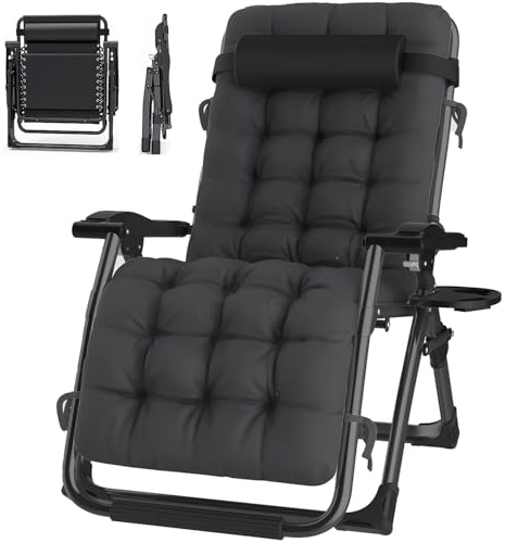 ONKBOITE Sedia a Sdraio Pieghevole da Giardino, Nessuna Installazione, con Supporto per Bevande, Sdraio Relax con Cuscino, Traspirante, per Patio, Giardino, Sedie da Campeggio (Nero, 77cm)