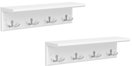 SONGMICS Wandgarderobe mit Ablage 2er Set, Flurgarderobe, Garderobe für Wand, Garderobenleiste mit 4 Doppelhaken aus Metall, für Mäntel, Taschen, für Flur, Schlafzimmer, Wohnzimmer, weiß LHR042W02