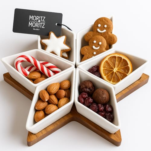 Moritz & Moritz Servierschalen Set Weihnachten Stern - Dip Schalen Set mit Holztablett aus Akazienholz - Keramik Schälchen für Snacks, Dips, Kekse & festliche Tischdeko