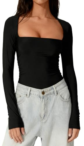 InfiniZer Going Out Tops for Women UK - Square Neck Long Sleeve Cute Tops, Double Lined Dupe Crop Tops, Slim Fit Y2K Streetwear Solid Pullover T-Shirts (UK, Alpha, M, Regular, Regular, Black)