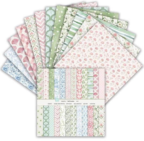 24 ark klippbokspapper, 6 tum dubbelsidigt elegant mönstrat papper, 24 mönster, scrapbooking-tillbehör för gör-det-själv-foto, album och klippbokdekoration (grön och rosa, 15,2 x 15,2 cm)