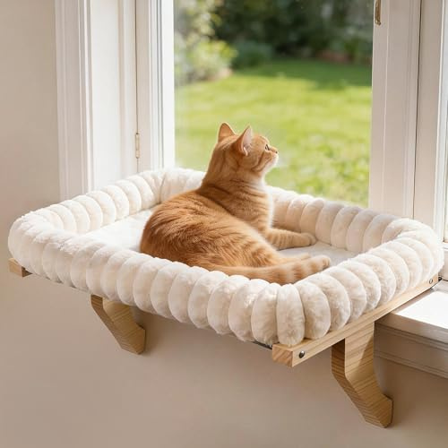 Zoratoo Cloud-Soft Wooden Cat Window Sill Perch with Zipper Cushion,L White