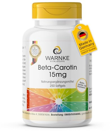 Beta-carotene 15mg - 250 capsule molli - 15mg per capsula (corrispondente a 25.000 UI) - Provitamina A - ALTO DOSAGGIO - Qualità farmaceutica tedesca | Warnke Vitalstoffe